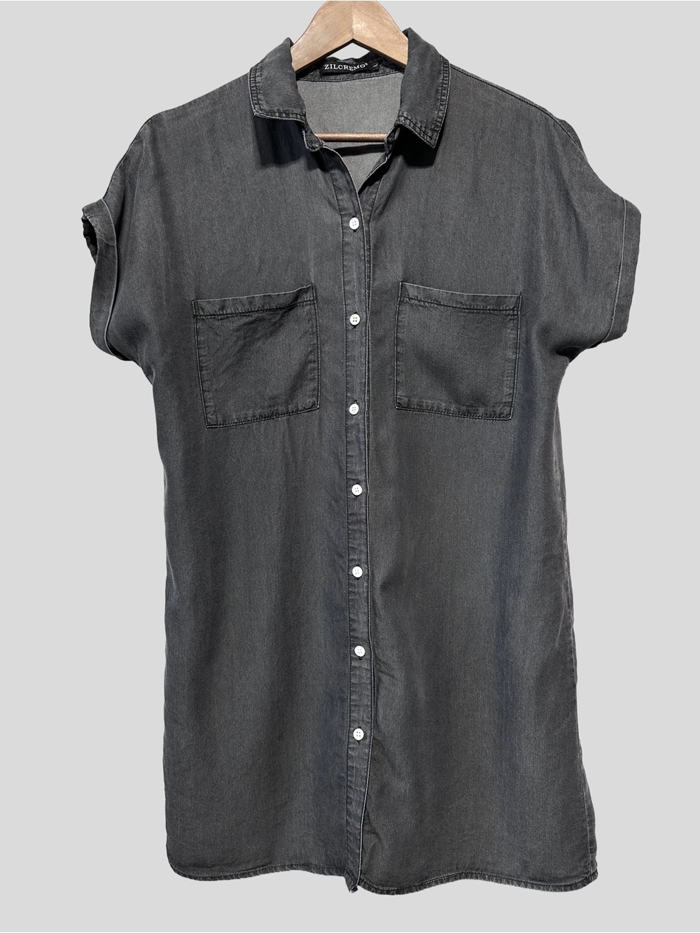 ZILCREMO Black Washed Denim Tunic Shirt Dress Minimalist Utility Streetwear